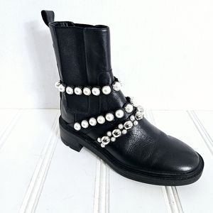 Zara Black Leather Pearl Strap Block Heel Ankle Boots Womens Size 36